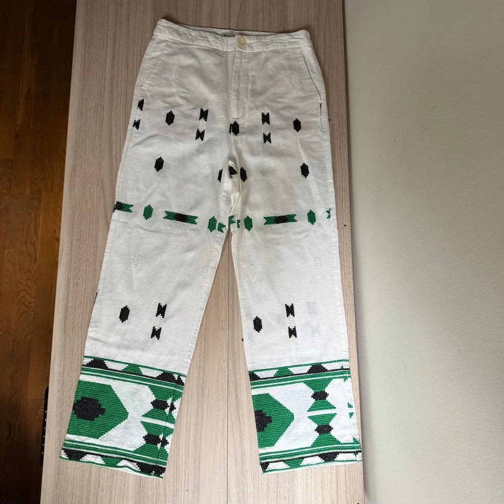Zara Embroidered Linen Blend Straight Leg Pants White Green Small